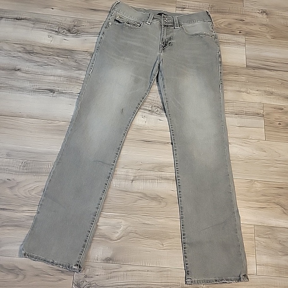 True Religion Ricky Jeans Mens 32x33 Gray Relaxed‎ Straight Denim Flap Pockets